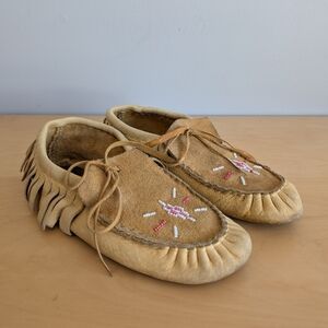 Nubuck Leather Mocassins w Fringe Ankle,  and Geometric Beading, Size 6